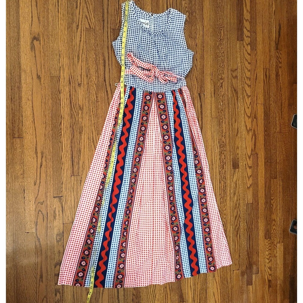 VTG 70s Red White Blue Bicentennial Maxi Dress Gingham floral Boho Hostess S M - Picture 8 of 10